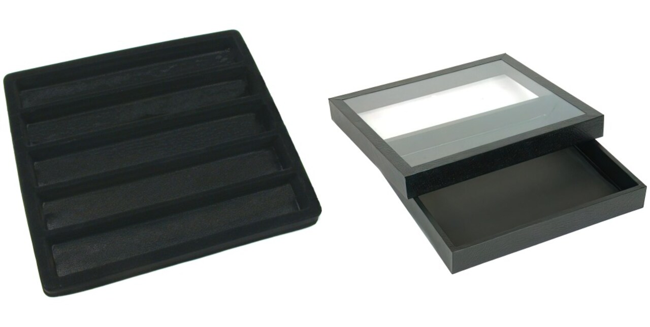 Black Square Display Case (Glass-top Removable Lid) w/ Black 5-slot Plastic Tray